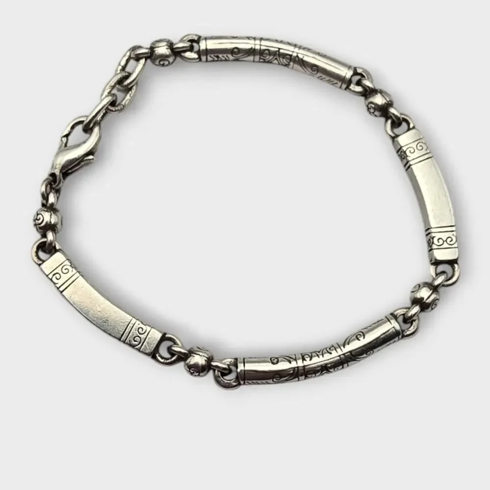 Brighton Bar Link Bracelet Scroll Etched Silver Tone Classic Minimal Everyday